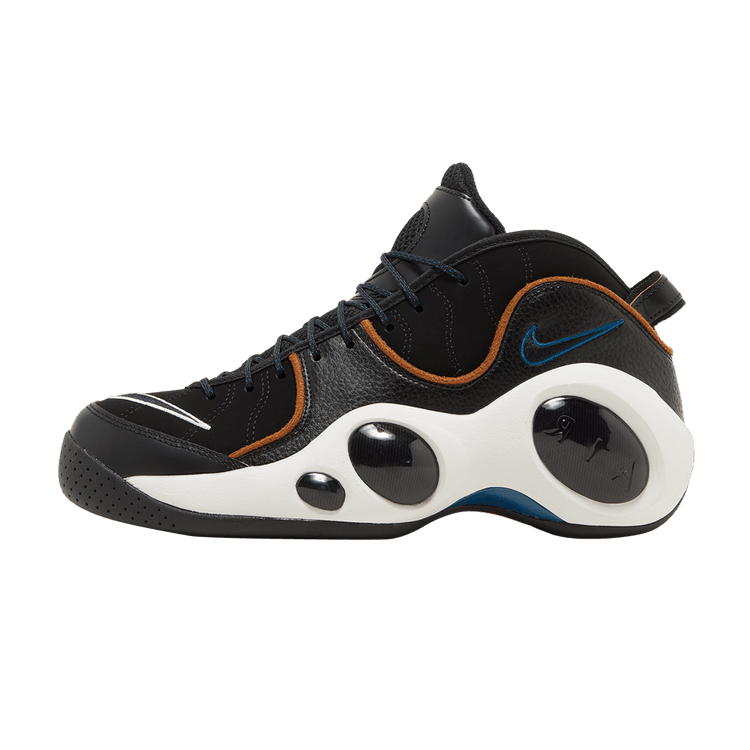 Nike Air Zoom Flight 95 Black Valerian Blue zijaanzicht met zwart mesh, witte zool en oranje accenten