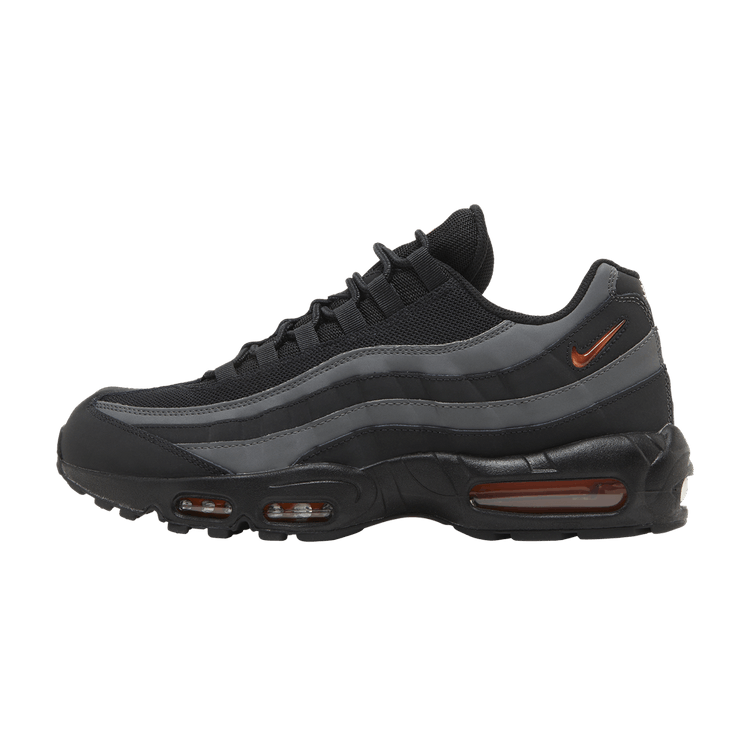 Nike Air Max 95 Black Grey Safety Orange, zijaanzicht met zwart mesh, grijze en oranje details, Air Max zool