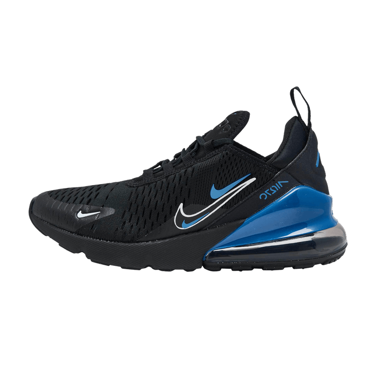 Nike Air Max 270 Multi-Swoosh Black Dark Marina Blue (GS), zijaanzicht met zwart mesh, blauwe accenten en witte Swoosh-logo