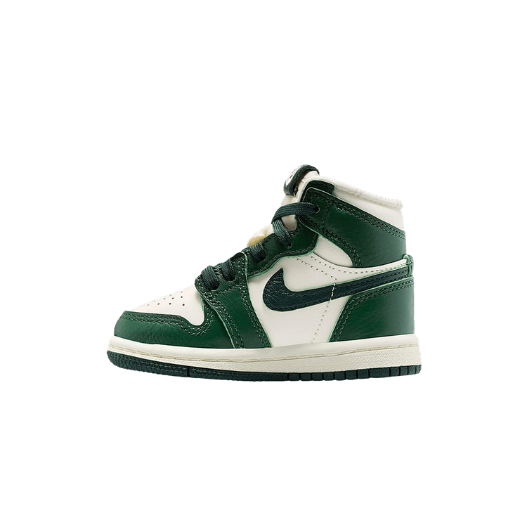 Jordan 1 Retro High OG Fir Pro Green (TD), zijaanzicht met groen en crème colorblocking, leren upper
