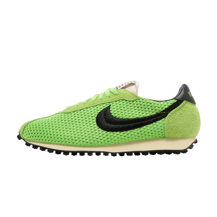 Nike LD-1000 SP Stussy Action Green, zijaanzicht met mesh-upper in felgroen, zwart Swoosh-logo en roomwit zoolgedeelte