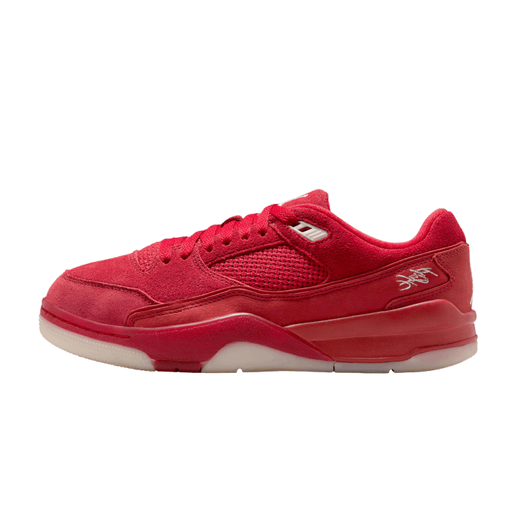 Jordan Flight Court Varsity Red Muslin Sail zijaanzicht, rood suède met witte zool en logo detail