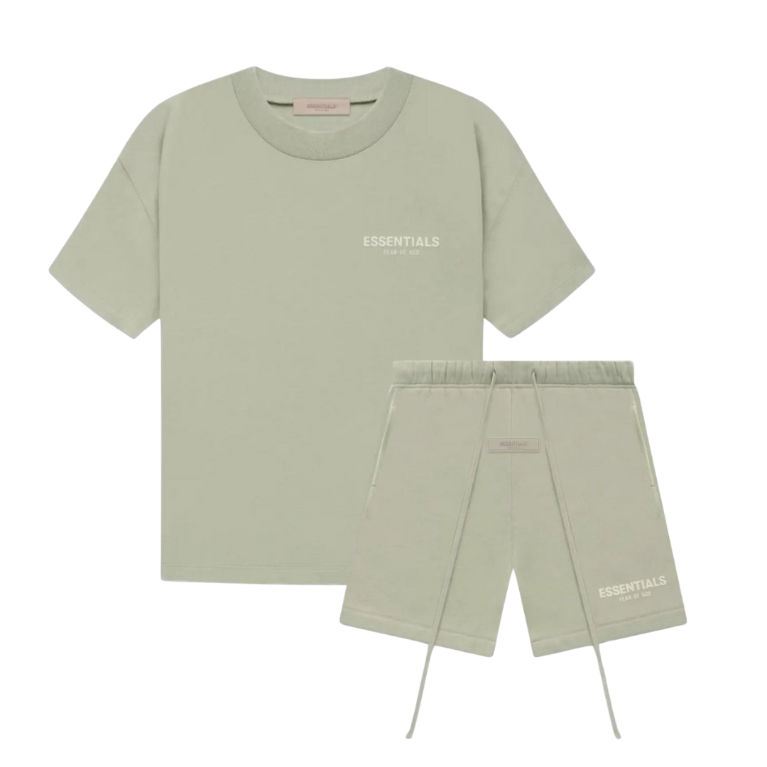 Fear of God Essentials Seafoam Summer set featuring a soft seafoam green short-sleeve t-shirt and matching shorts, crafted for effortless summer style and comfort.
