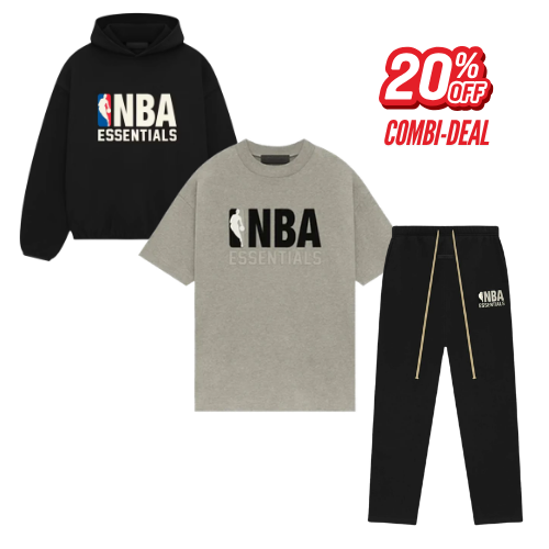 NBA Essentials Bundle Deal, vooraanzicht met zwarte hoodie, grijs t-shirt met NBA-logo en zwarte joggingbroek