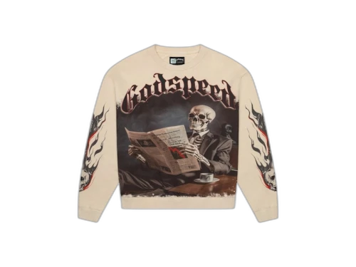 Godspeed Black Monday L/S Tee Bone, vooraanzicht met creme sweater, zwart grafisch print met skelet en tekst