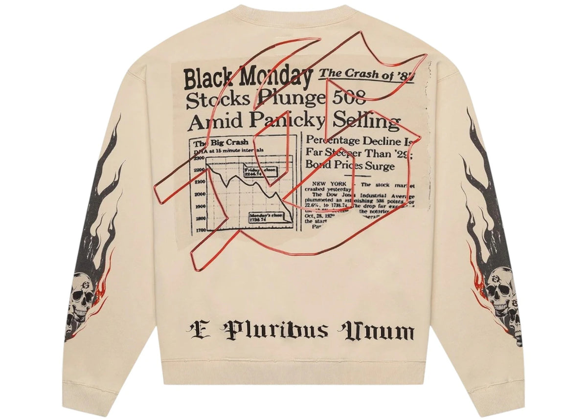 Godspeed Black Monday L/S Tee Bone, achteraanzicht met beurscrash-grafiek in rood, schedels op mouwen