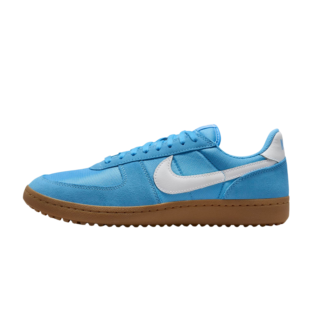 Nike Field General University Blue Gum Medium Brown White, zijaanzicht met blauw canvas, wit swoosh logo en bruine gomzool