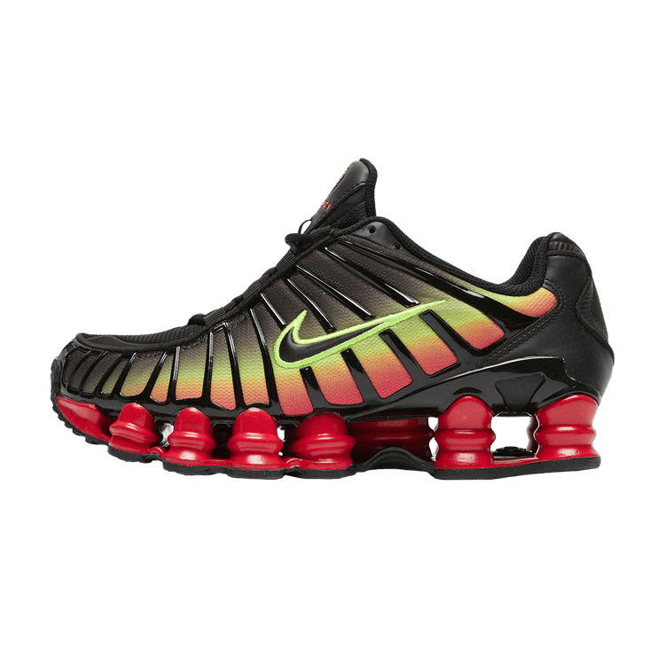 Nike Shox TL Volt Fire Red zijaanzicht, zwarte upper met geel-rood verloop en rode Shox zuilen