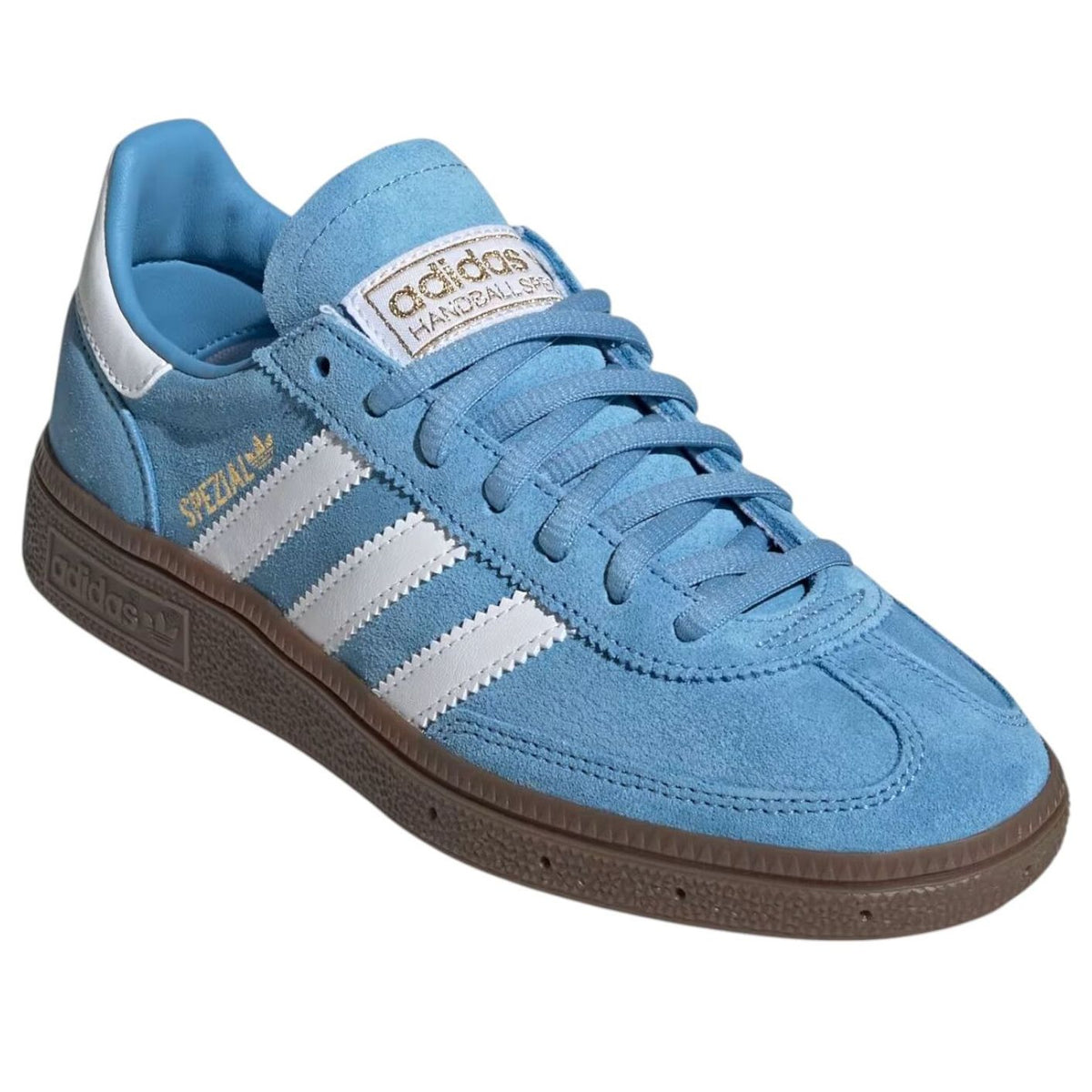 adidas Handball Spezial Light Blue Cloud White (GS) driekwart aanzicht met gouden branding op de zijkant
