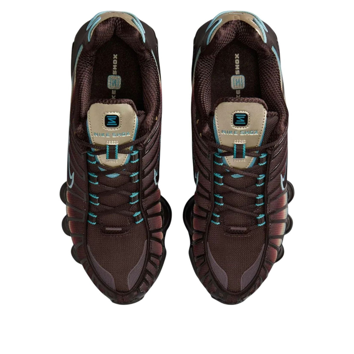Nike Shox TL Velvet Brown Denim Turquoise bovenaanzicht beide schoenen met stiksels en gouden tongbadge
