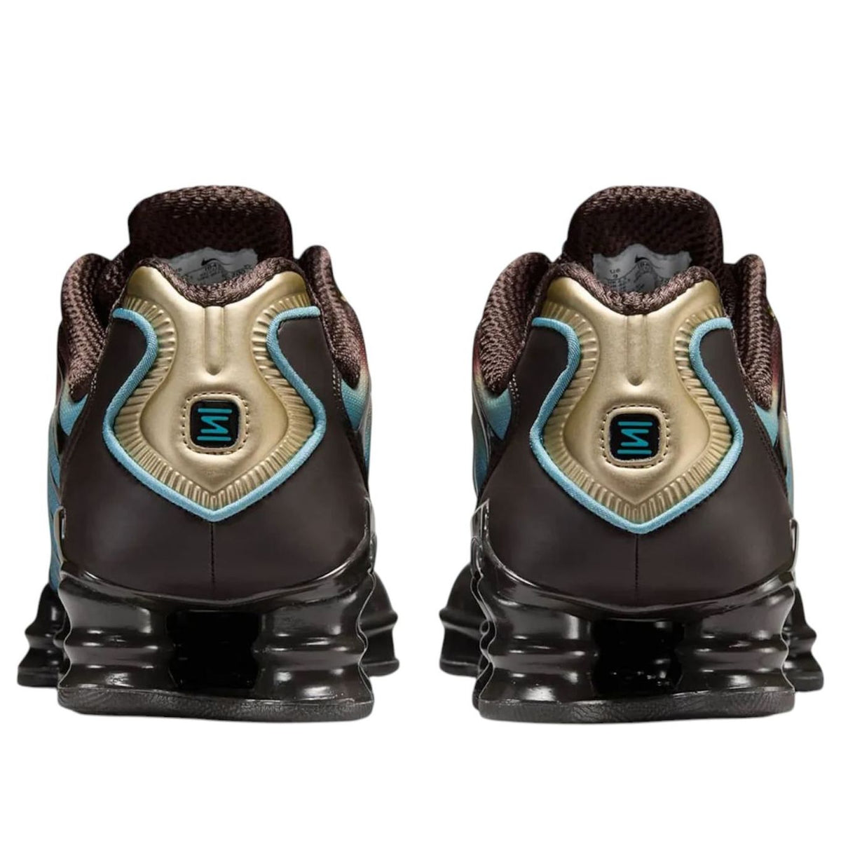 Nike Shox TL Velvet Brown Denim Turquoise achteraanzicht met gouden hiel en turquoise logo op beide hakken