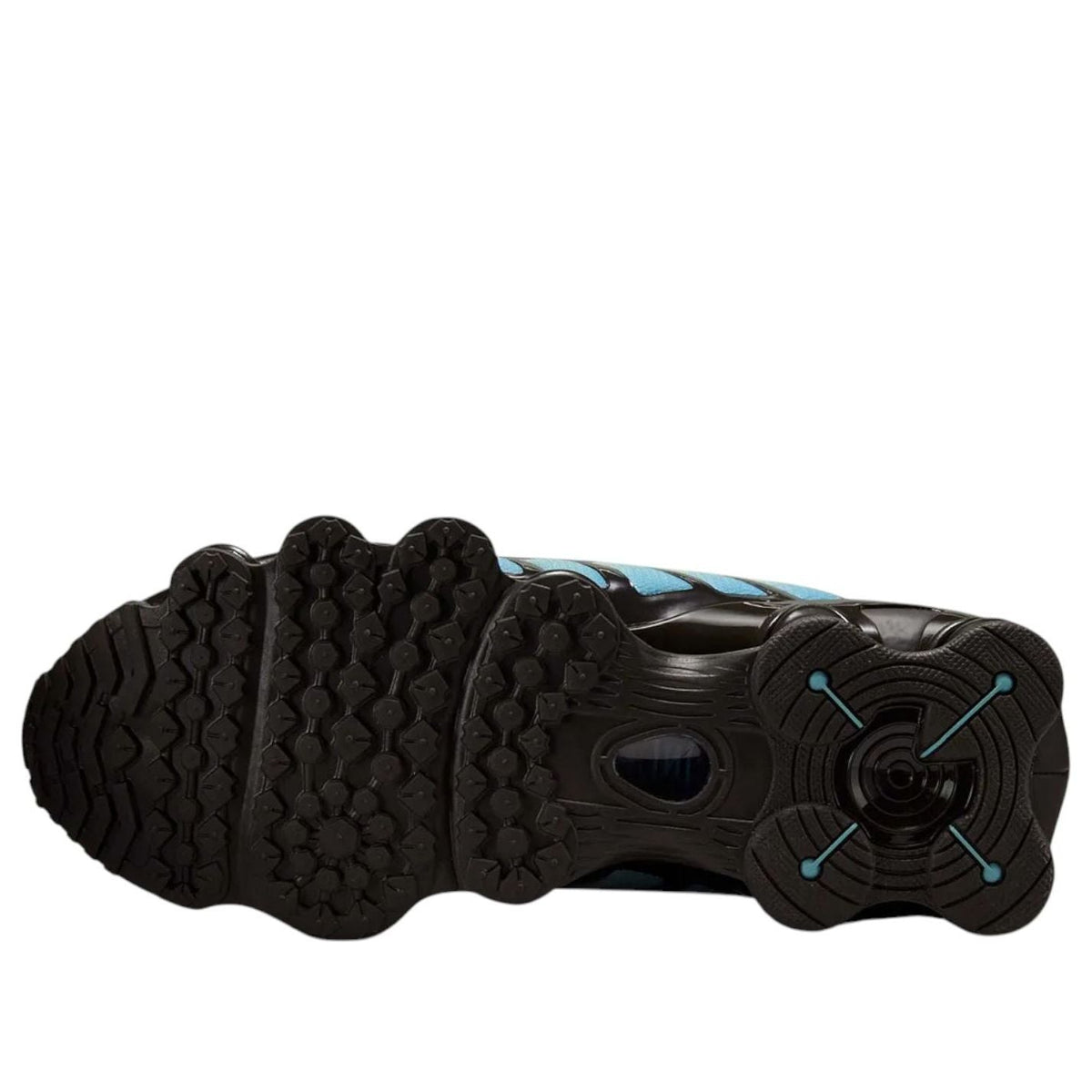 Nike Shox TL Velvet Brown Denim Turquoise zoolprofiel met zwart patroon en turquoise accenten op loopvlak