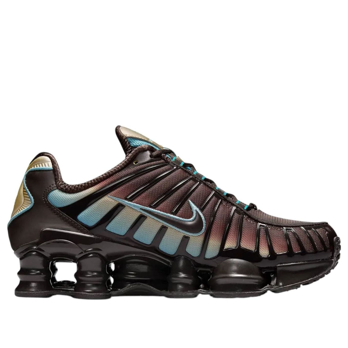 Nike Shox TL Velvet Brown Denim Turquoise driekwart aanzicht met geribbeld bruin bovenkant