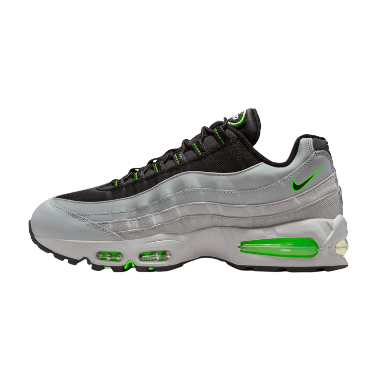 Nike Air Max 95 Racing Pack, zijaanzicht met grijze mesh en leder, fluorgeel-groene Air Max-blaasjes