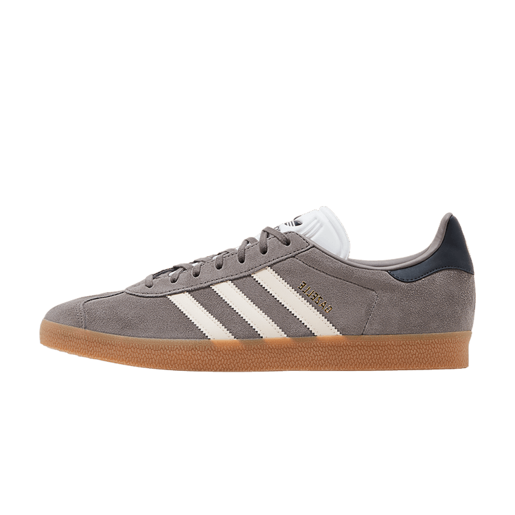adidas Gazelle Real Madrid zijaanzicht, grijze suède met witte strepen en gumzool