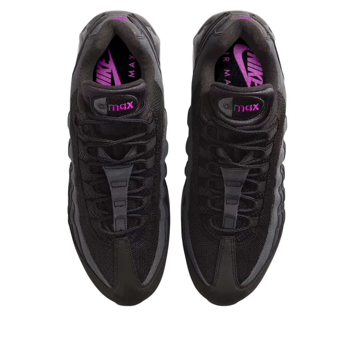 Nike Air Max 95 OG Big Bubble Black Vivid Purple, bovenaanzicht met paarse Air Max-labels en netmaterialen