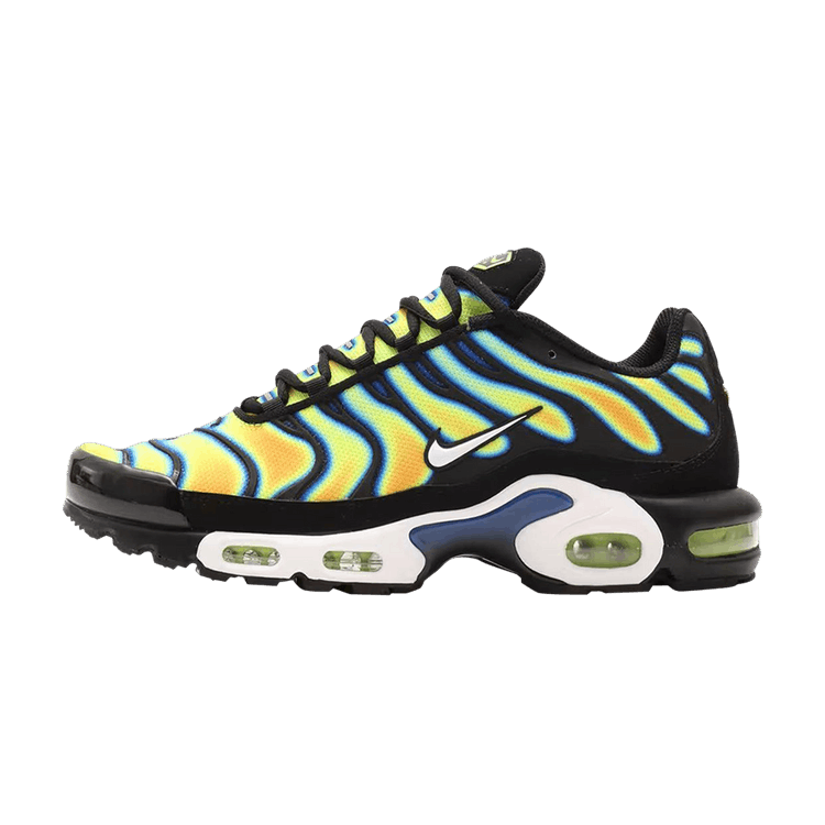 Nike Air Max Plus Heat Map, zijaanzicht met gele en blauwe golfpatroon, zwarte zijpanelen en witte Air Max-zool