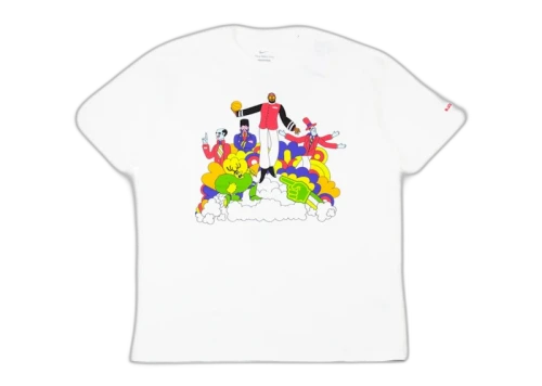 Nike LeBron James Heat Wave T-shirt White, vooraanzicht met kleurrijke illustratie van basketbalspelers op witte stof