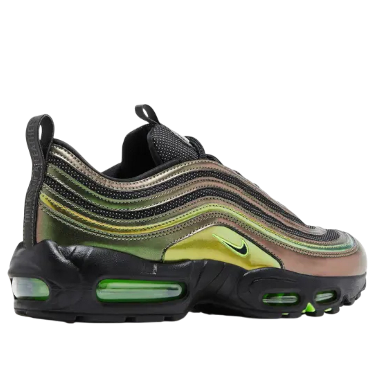 Nike Air Max 95/97 Ducks of a Feather Storm, achteraanzicht met metallic goud en groene accenten