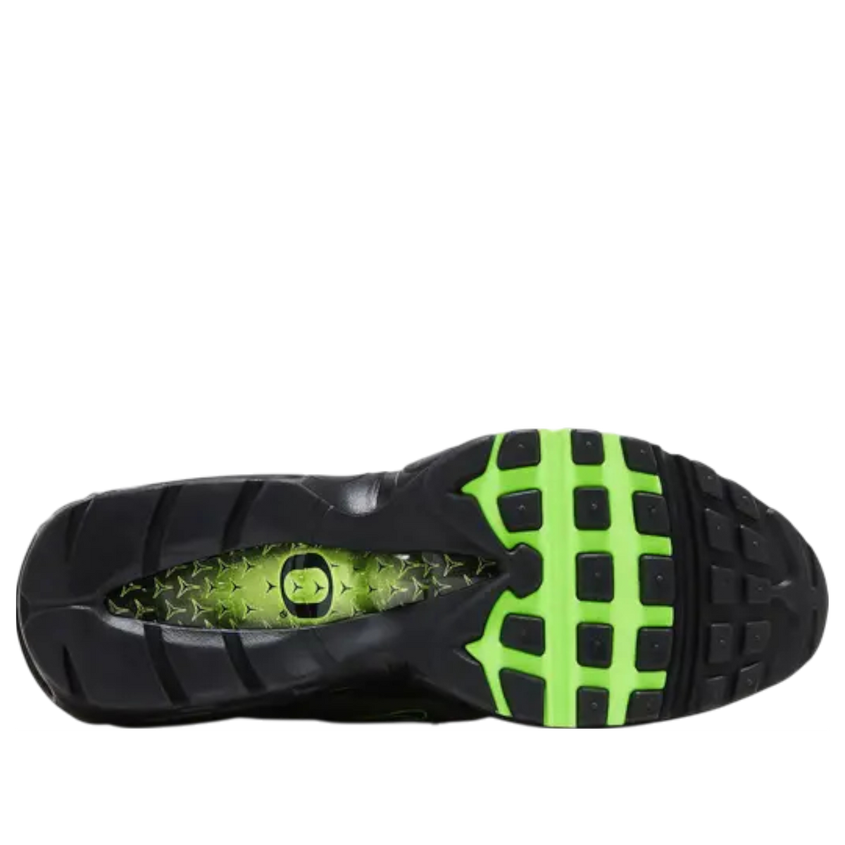 Nike Air Max 95/97 Ducks of a Feather Storm, zoolprofiel met neon-groen rubber oppervlak en zwarte geometrische patronen
