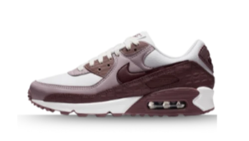 Nike Air Max 90 Tattoo Light Violet Ore Croc zijaanzicht met witte en bordeauxrode kleurvlakken, zichtbare Air Max zool