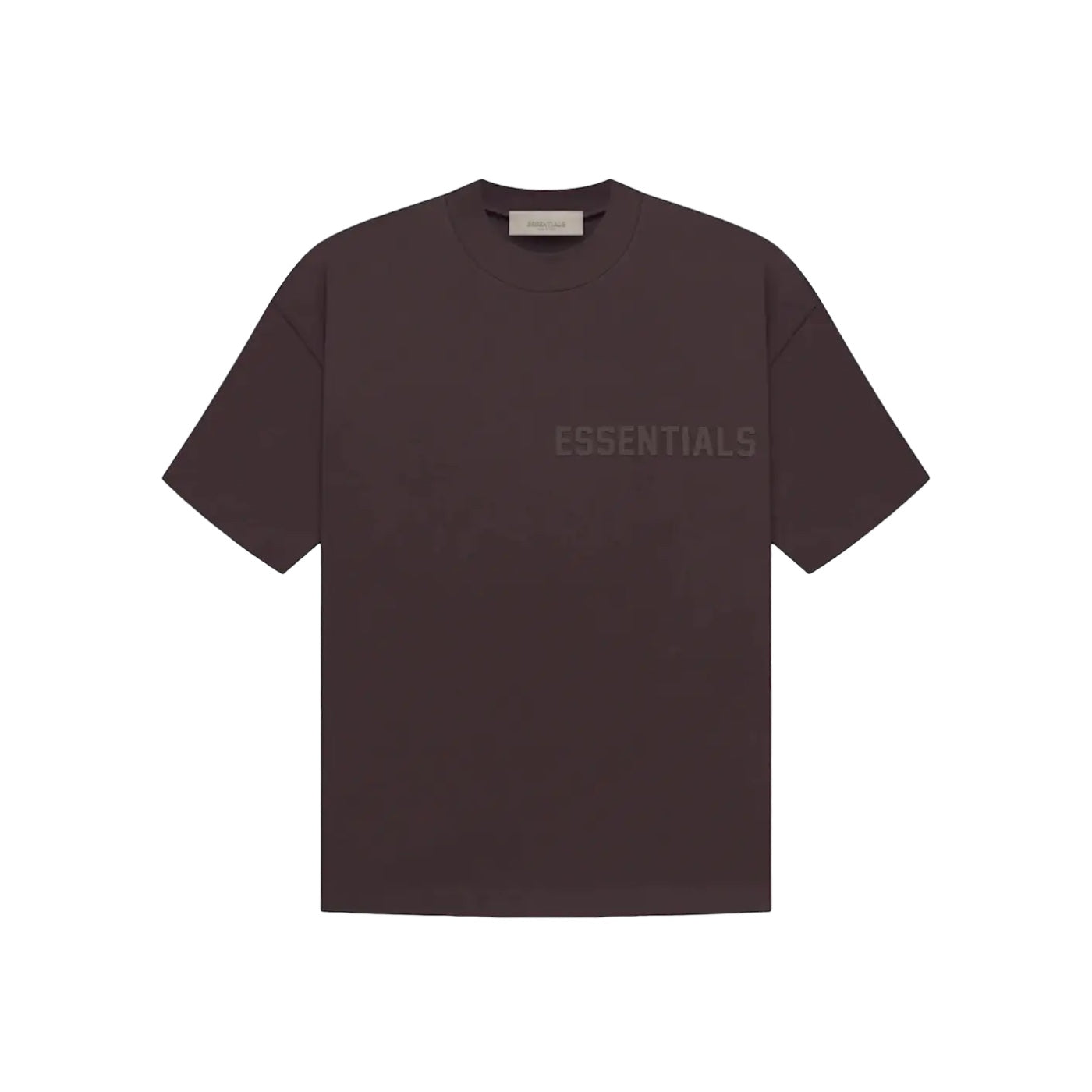 Minimalist plum-colored t-shirt with subtle "ESSENTIALS" text, part of the Fear of God Essentials Plum Summer set, showcasing sleek and comfortable summer clothing.