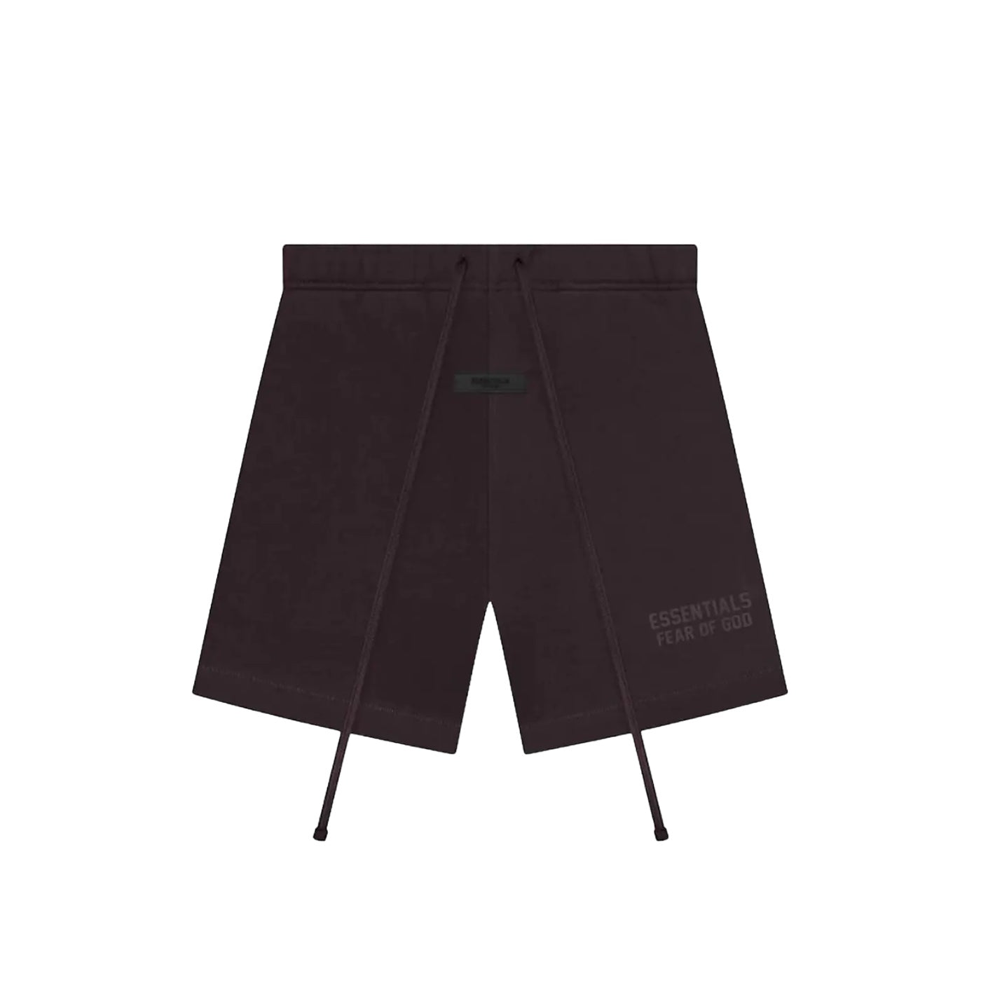 Fear of God Essentials Plum Summer set featuring plum-colored shorts with adjustable drawstrings and subtle branding on the leg, designed for casual, stylish comfort.