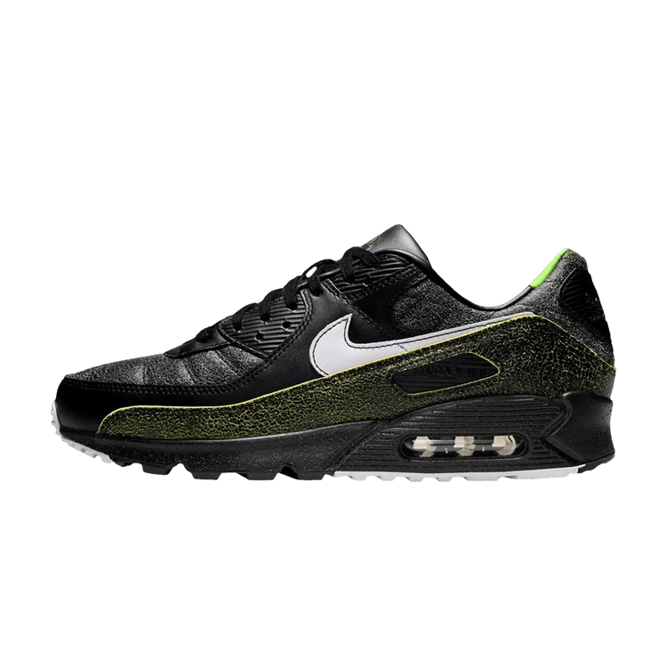 Nike Air Max 90 Tiempo 2005 zijaanzicht met zwart leer, neon geel accenten en wit swoosh logo