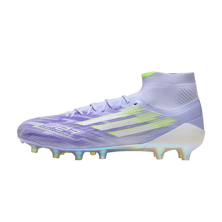 adidas F50 Elite Mid-Cut FG Sparkfusion Radiant Blaze Pack, zijaanzicht met paars-gele print en gekleurde studs