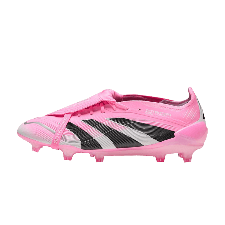 adidas Predator Elite FT FG David Beckham Beam Pink zijaanzicht, felroze voetbalschoen met zwart-witte strepen