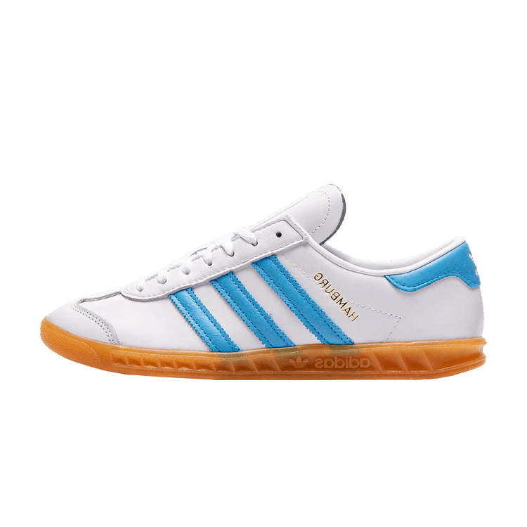 adidas Hamburg White Sky Rush zijaanzicht, wit leer met blauwe strepen en oranje gum zool