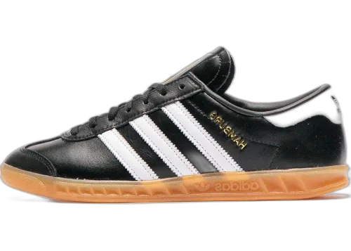 adidas Hamburg Black White Gum, zijaanzicht met zwart leer, witte strepen en gumzool