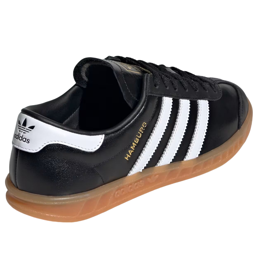 adidas Hamburg Black White Gum, achteraanzicht met witte hieldetail en trefoil logo