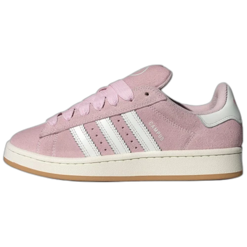 adidas Campus 00s Camp Core White Clear Pink, zijaanzicht met roze suèdelook en witte strepen, crème zool met gombasis