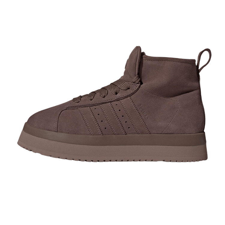 adidas Campus 00s Winter Mid Brown, zijaanzicht met dikke zool en gestikt stripenpatroon op suède