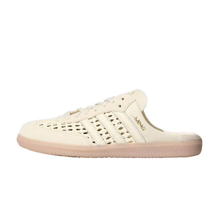 adidas Samba Mule Woven Basketweave Cream White, zijaanzicht met vlechtpatroon en roomkleurige zool
