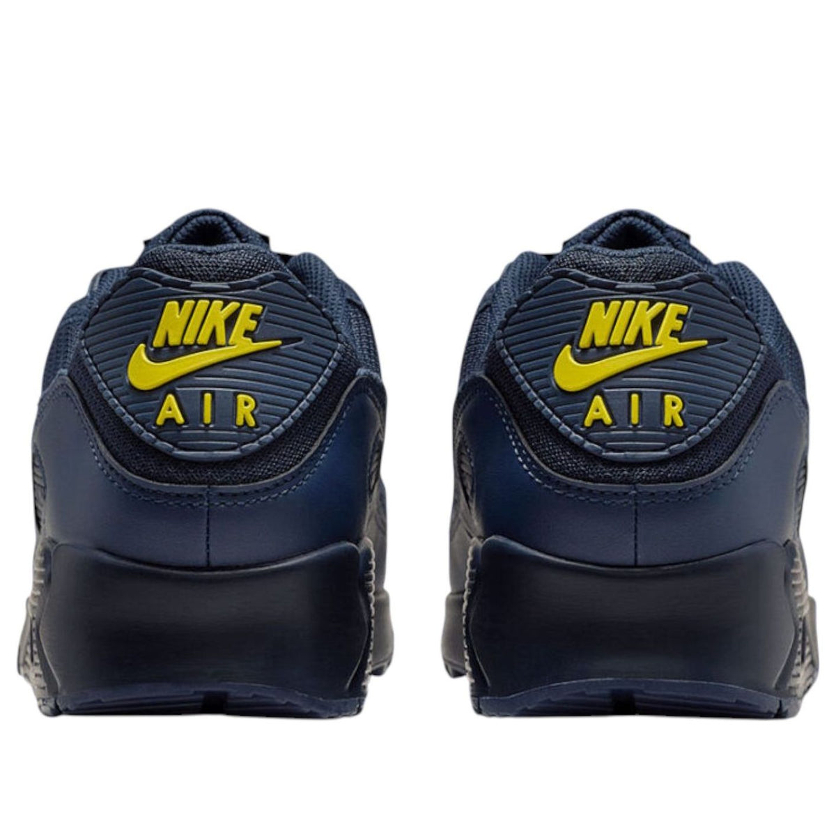 Nike Air Max 90 Obsidian Lightning, achteraanzicht met gele en donkerblauwe logo-patch op hak