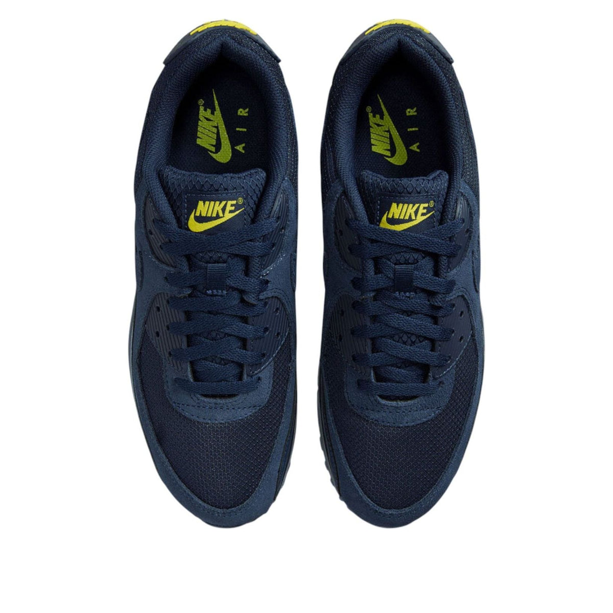 Nike Air Max 90 Obsidian Lightning, bovenaanzicht met gele Nike Swoosh en AIR branding op tongvoeringen
