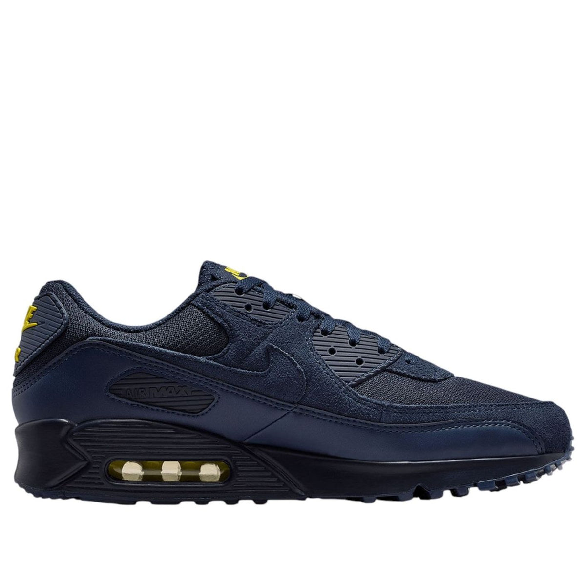 Nike Air Max 90 Obsidian Lightning, driekwart aanzicht met textiel en suède mix, zichtbare gele accenten
