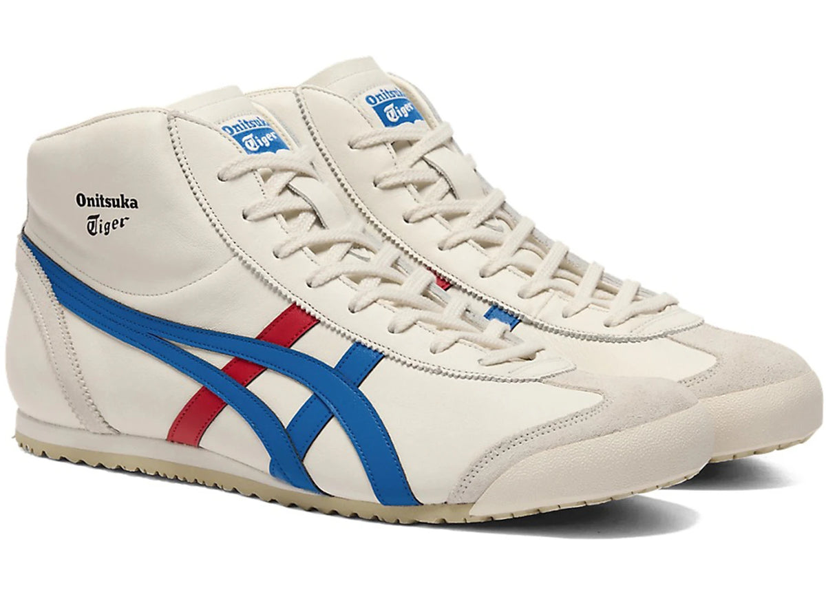 Onitsuka Tiger Mexico Mid Runner Cream Directoire Blue, driekwart aanzicht van beide schoenen met roomkleurig leer
