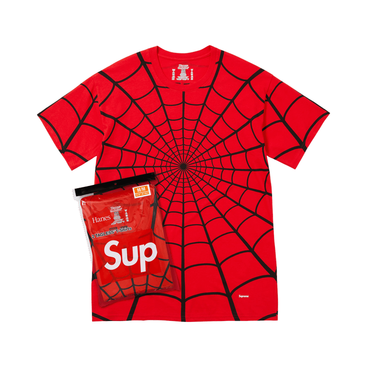 Supreme x Hanes Spider-Man Tagless Tees rood met spinnenweb-print, verpakking en los shirt zichtbaar
