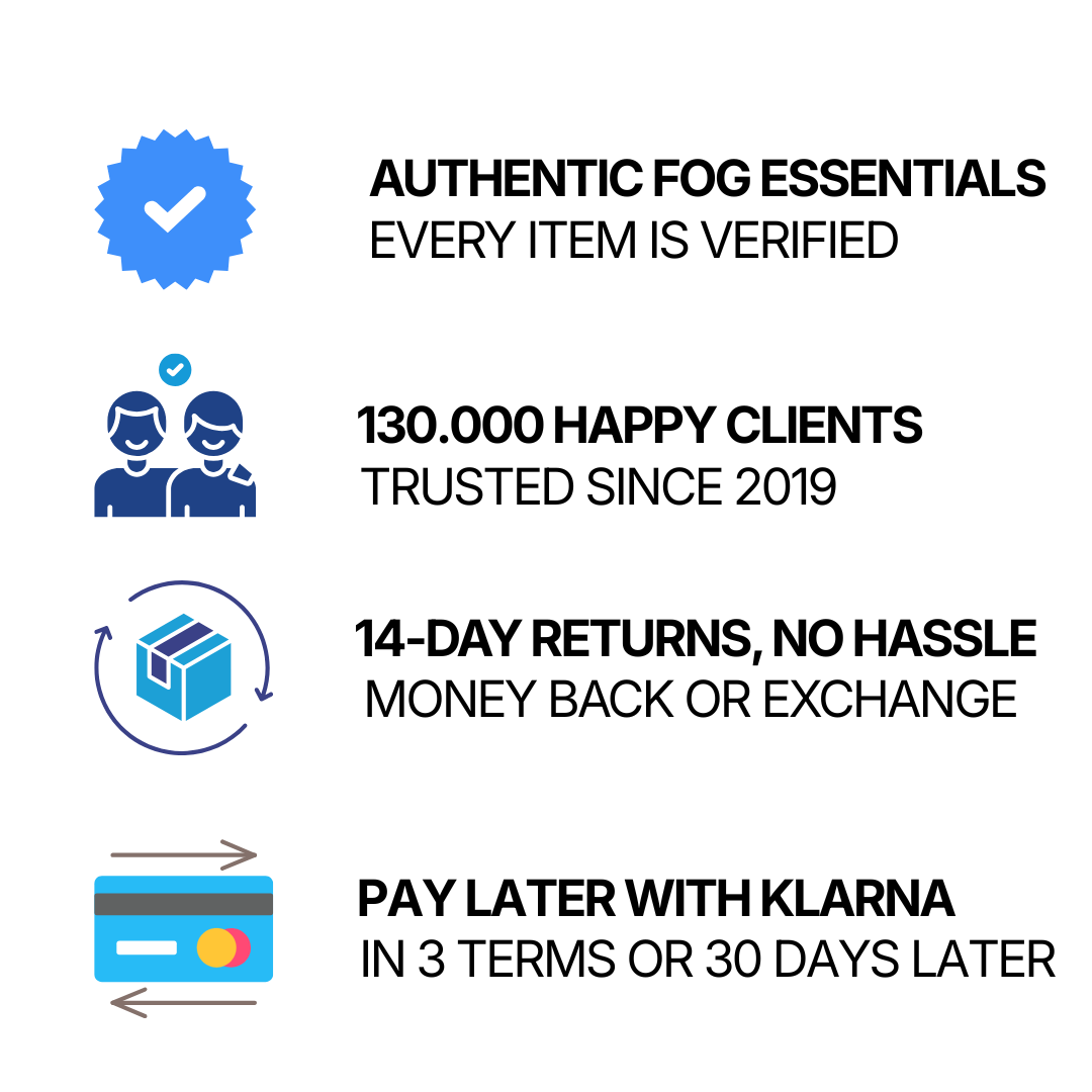 Graphic showing verified authenticity, 130,000 happy clients since 2019, 14-day hassle-free returns, and Klarna payment options, emphasizing the Fear of God Essentials Seafoam Summer set and exclusive sneakers across Europe.