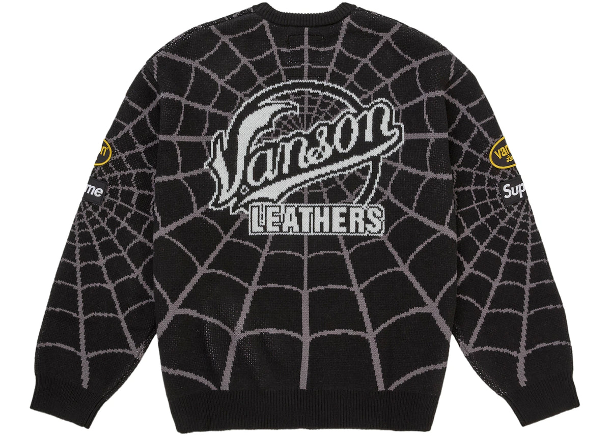 Supreme Vanson Leathers Spider-Man Sweater Black, achteraanzicht met groot Vanson Leathers logo en spinnenwebdessin