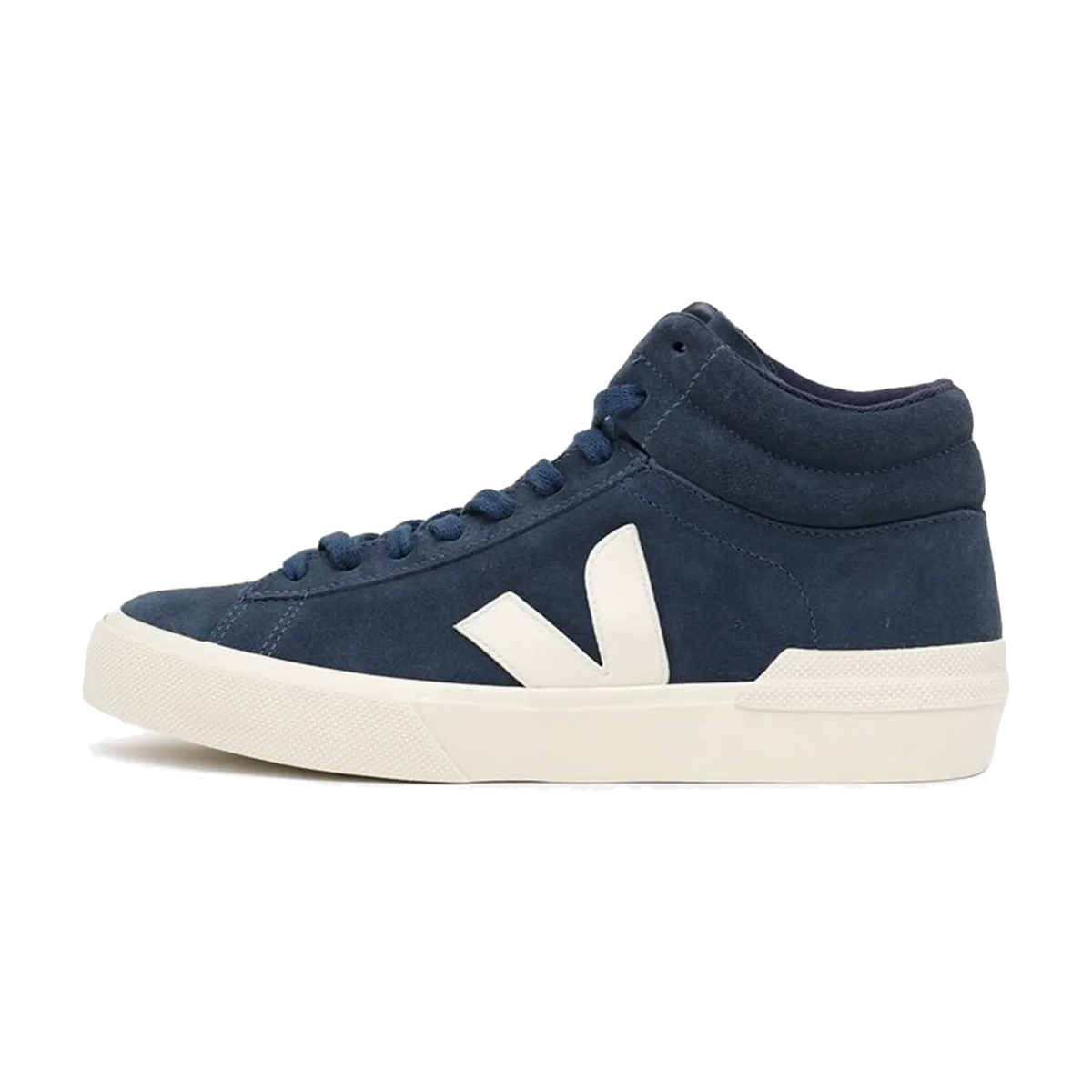 Veja Minotaur Suede Nautico Pierre, zijaanzicht, donkerblauwe suède met wit V-logo en witte zool