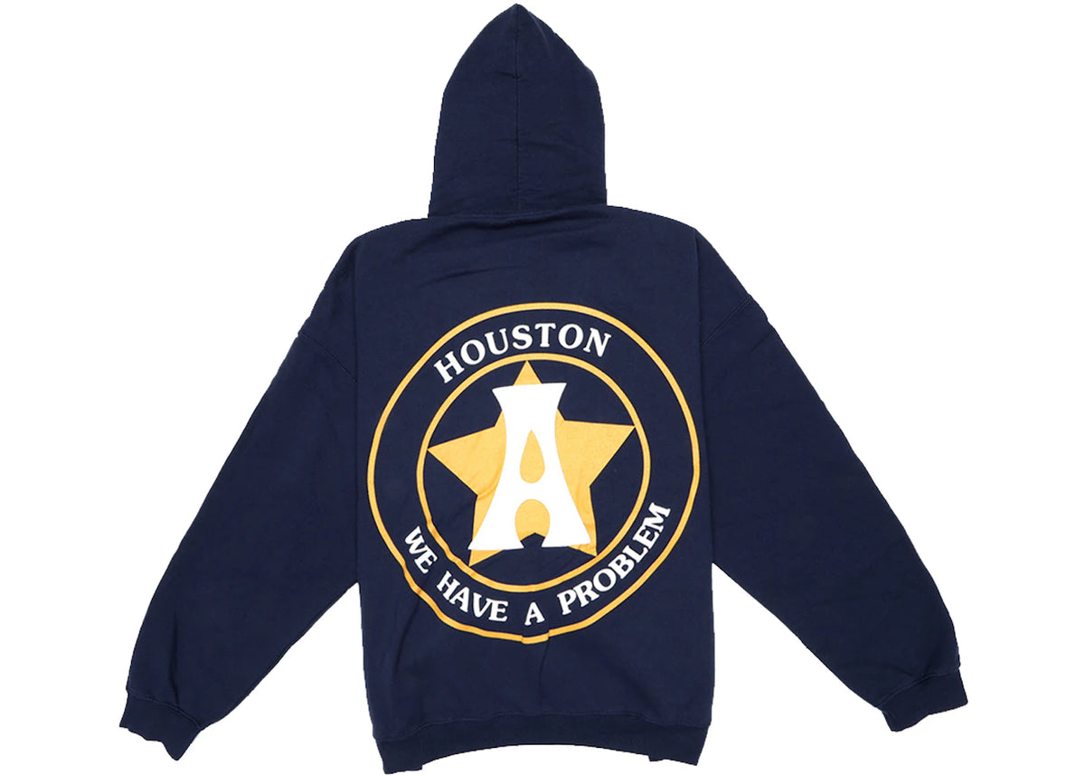 Travis Scott Astroworld Houston Exclusive Hoodie Blue, achteraanzicht met groot geel sterlogo en tekst