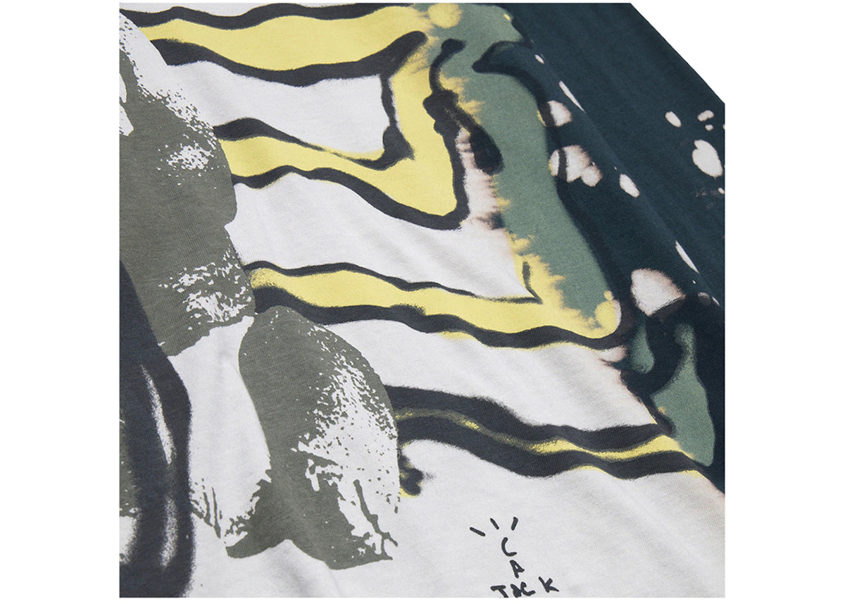 Travis Scott Cactus Jack + Kaws For Fragment L/S Tee Multi Grey, detailfoto van afdrukken met gele en zwarte lijnen