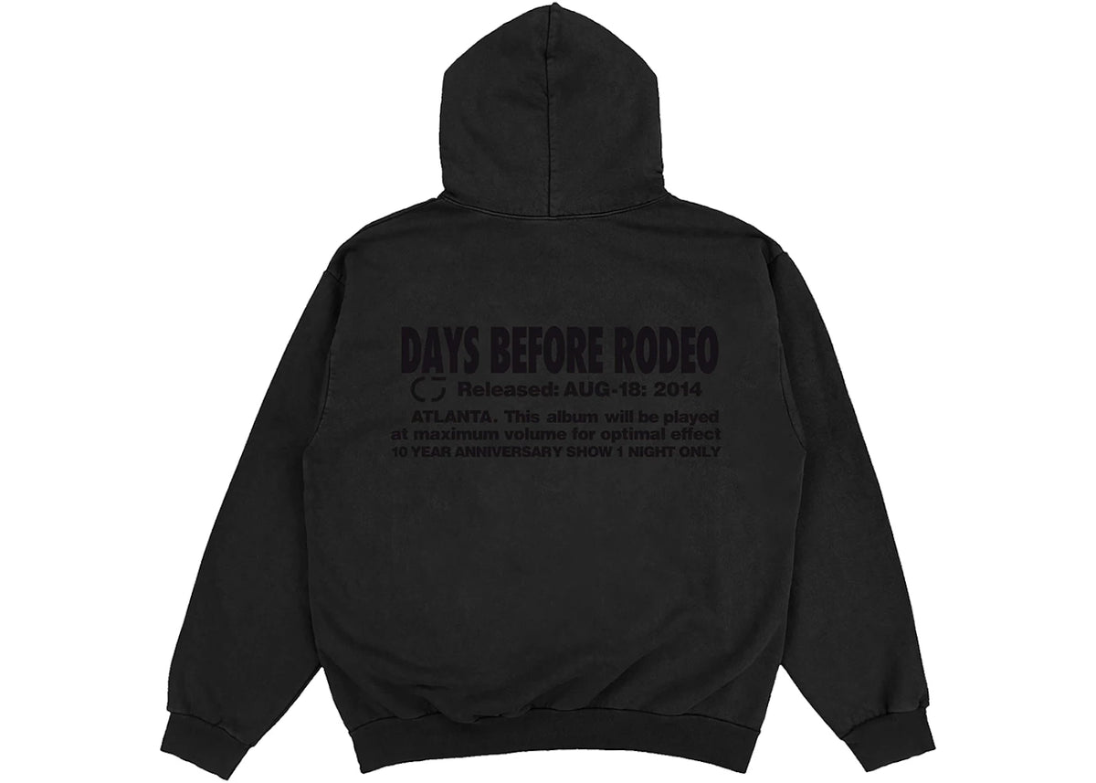 Travis Scott Rodeo Hoodie Black, achteraanzicht met Days Before Rodeo-print en releasedetails in zwart op zwart