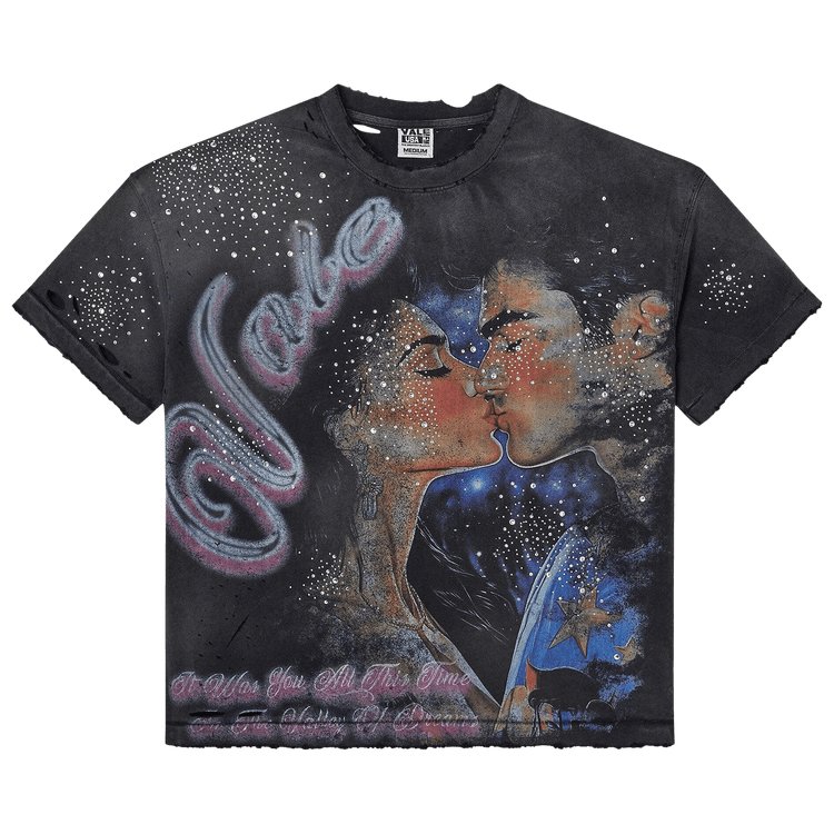 Vale Forever Fated Yours Bling Tee 'Black', vooraanzicht met fantasieafbeelding van twee gezichten en spiralen met