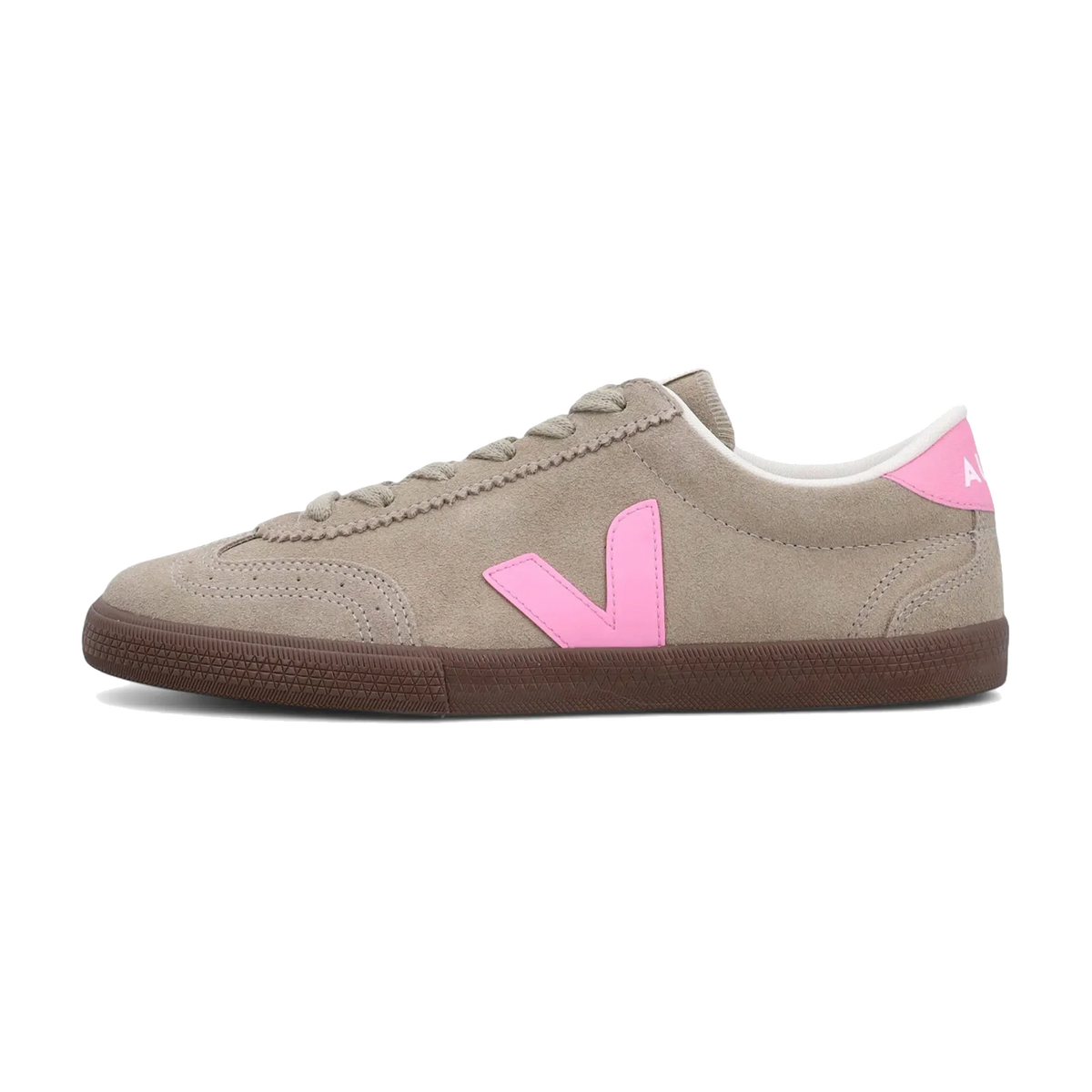 Veja Volley Suede Taupe Malibu Bark, zijaanzicht, met beige suède, fluorgroene V-logo en bruine zool