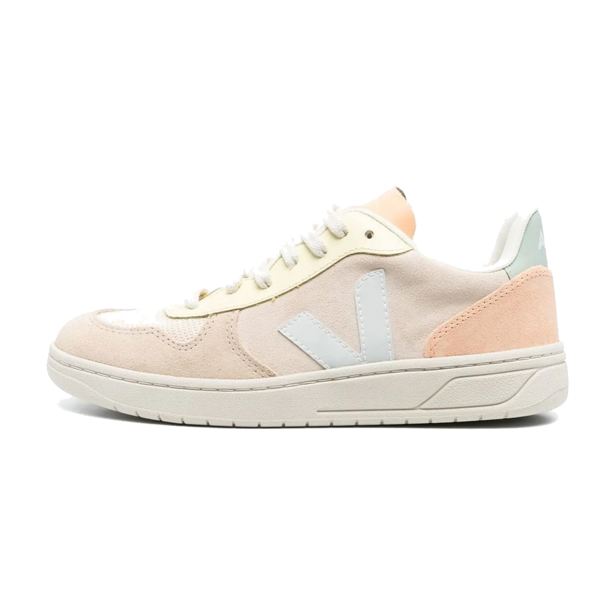 Veja V-10 Suede Sable Menthol Multico, zijaanzicht met beige suède, wit V-logo en pastelkleurige accenten